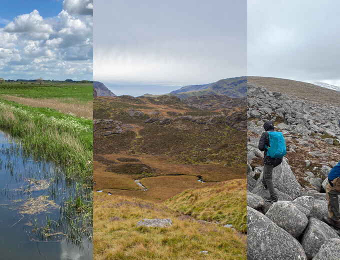 3 landscape images side by side, lined up at the top of the landscape, the first of a river and green field, the second a heather and moss landscape with valley and river at the valley floor, and the third of a rocky grey mountain, at the top, with 2 people walking away from the camera in outdoor atire.